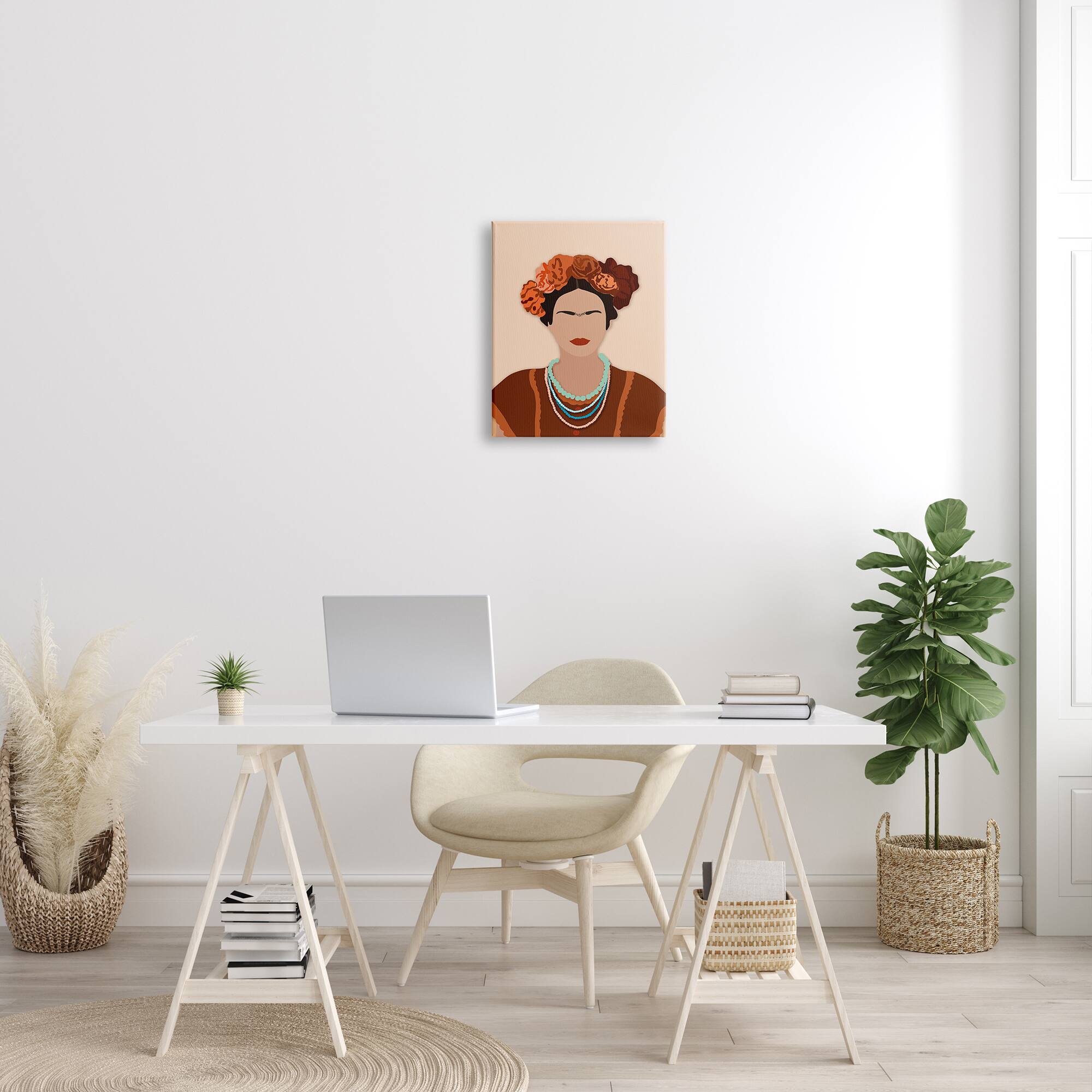 Stupell Industries Frida Artist Portrait Orange Floral Blue Bead Necklace Canvas Wall Art